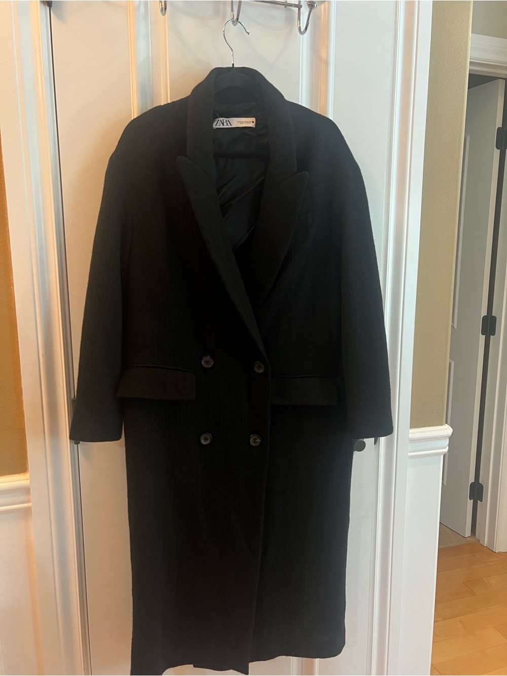 Zara Black Double-Breasted Long Trench Coat